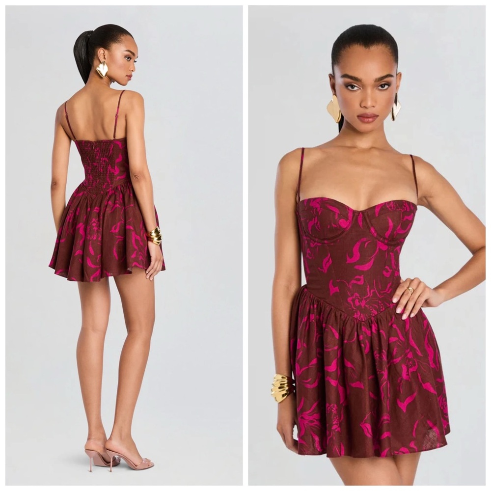 Retrofete Kenora Corset Dress In Cerise Abstract Orchid‎ XL Linen Mini
